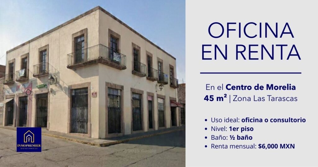 Oficina en renta en Calle Luis Moya, Morelia, 45 m² con balcones y vista a la calle en zona de alto flujo peatonal