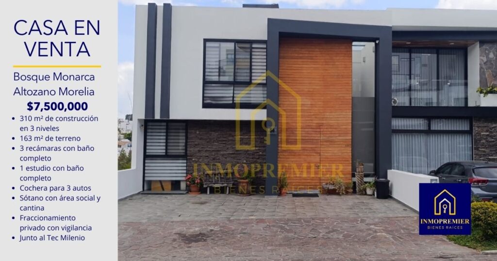 Casa en venta en Bosque Monarca Altozano Morelia con 310 m2 de construcción y cochera para 3 autos en fraccionamiento privado