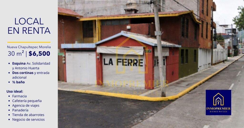 Local en renta en Nueva Chapultepec Morelia sobre Av. Solidaridad esquina Antonio Huerta