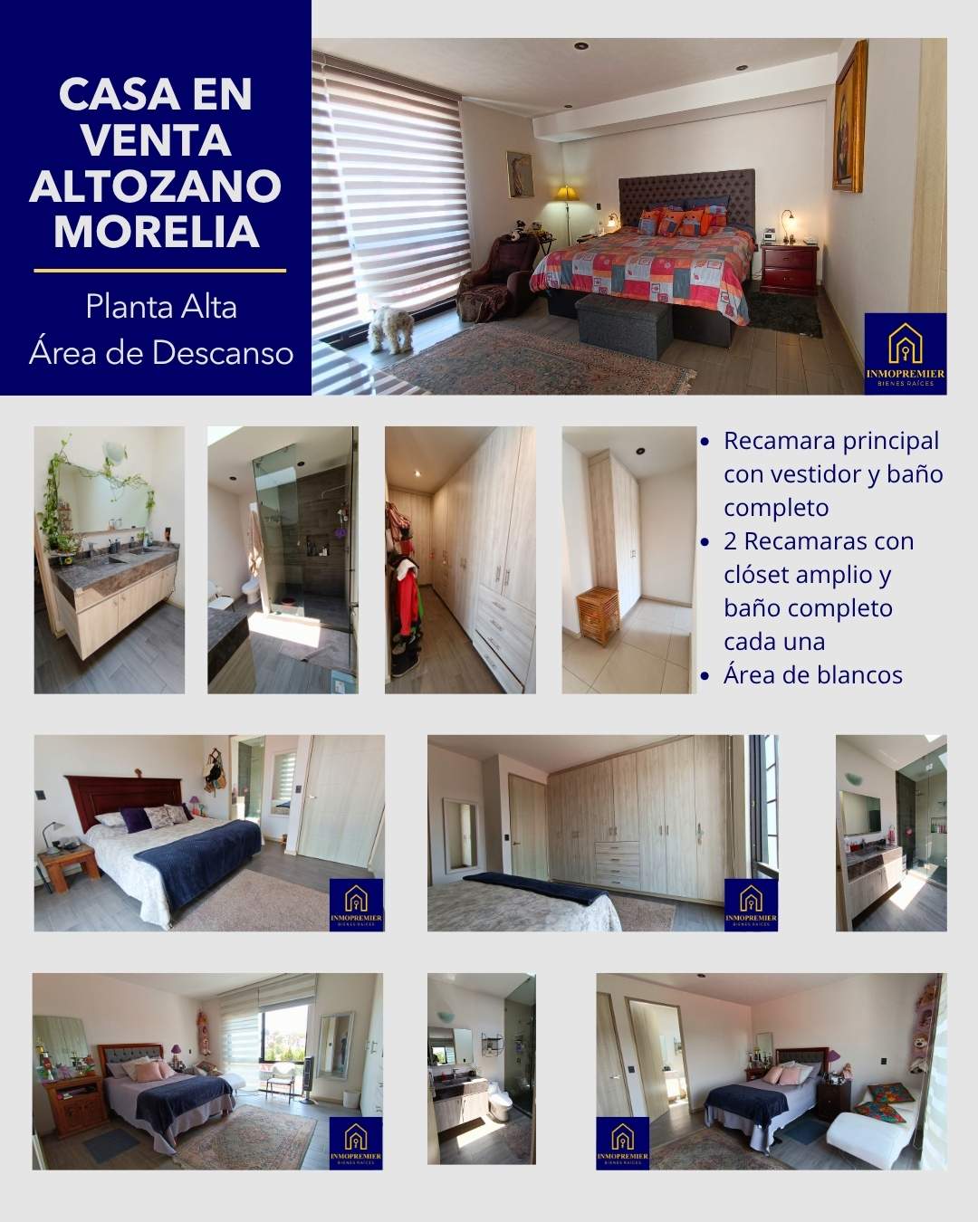 Planta alta casa en venta Altozano Morelia - InmoPremier Bienes Raíces Morelia Planta alta de casa en venta Altozano Morelia con recámara principal, vestidor, baños completos y recámaras amplias dentro de fraccionamiento privado