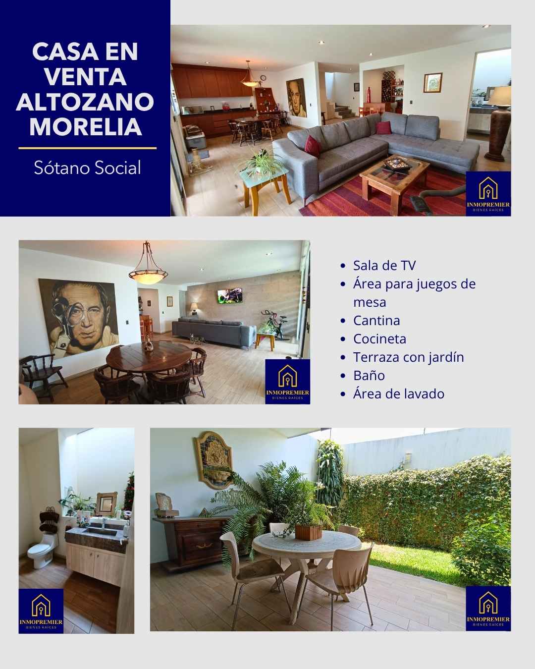 Sótano social casa en venta Altozano Morelia - InmoPremier Bienes Raíces Morelia Sótano social de casa en venta Altozano Morelia con sala de TV, cantina, cocineta y terraza con jardín dentro de fraccionamiento privado