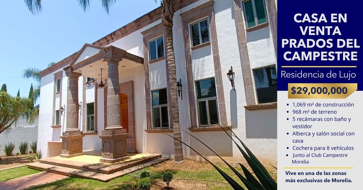 Casa en venta en Prados del Campestre Morelia, residencia de lujo con alberca, salón social con cava y cochera para 8 vehículos