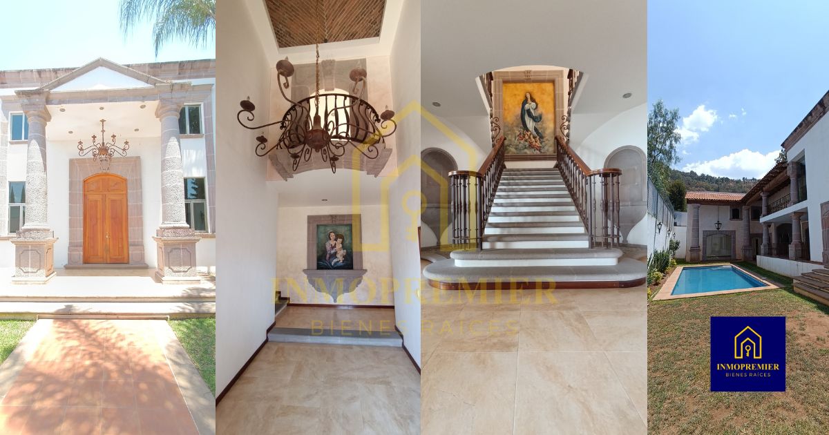 Galería general de casa en venta en Prados del Campestre Morelia con acceso principal, escalinata monumental, alberca y áreas sociales de residencia de lujo