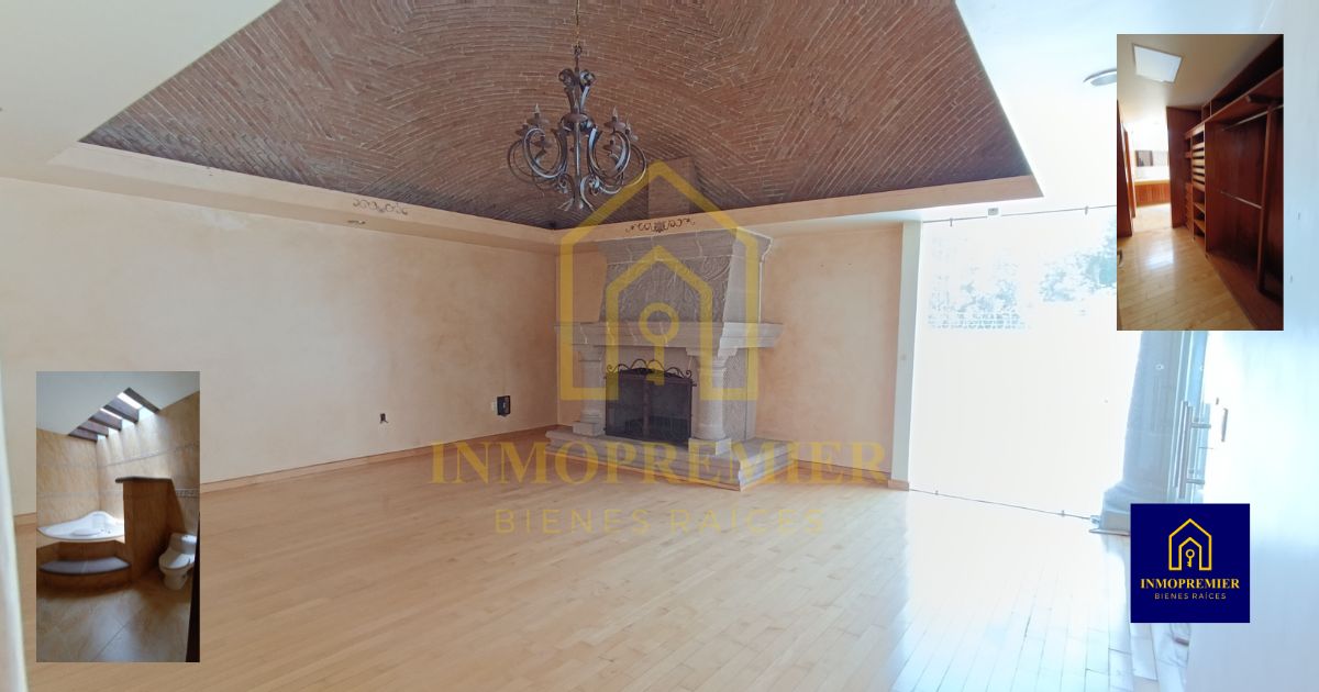Recámara principal de casa en venta en Prados del Campestre Morelia con chimenea, vestidor, jacuzzi y acceso a terraza con vista a la alberca