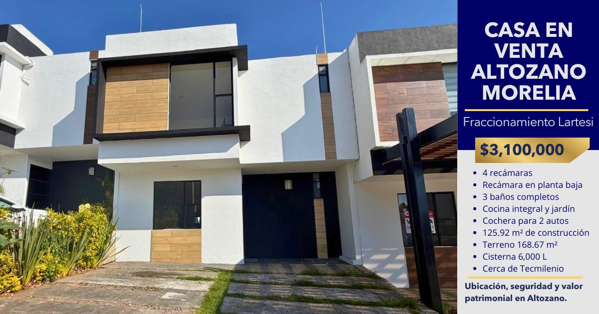 Casa en venta en Altozano Morelia en Fraccionamiento Lartesi, fachada principal de residencia contemporánea con 4 recámaras, jardín privado y cochera para 2 autos.