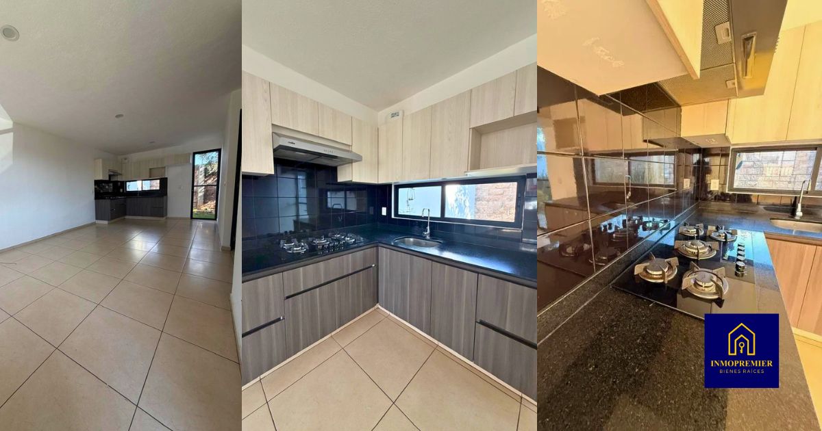 Planta baja de casa en venta en Altozano Morelia, Fraccionamiento Lartesi, con sala, comedor y cocina integral de concepto abierto.