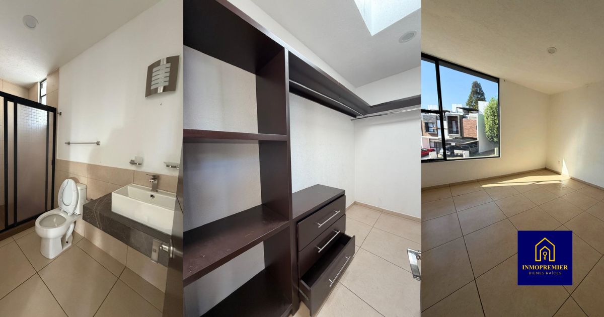 Recámara principal de casa en venta en Altozano Morelia, Fraccionamiento Lartesi, con vestidor, baño completo y excelente iluminación natural.