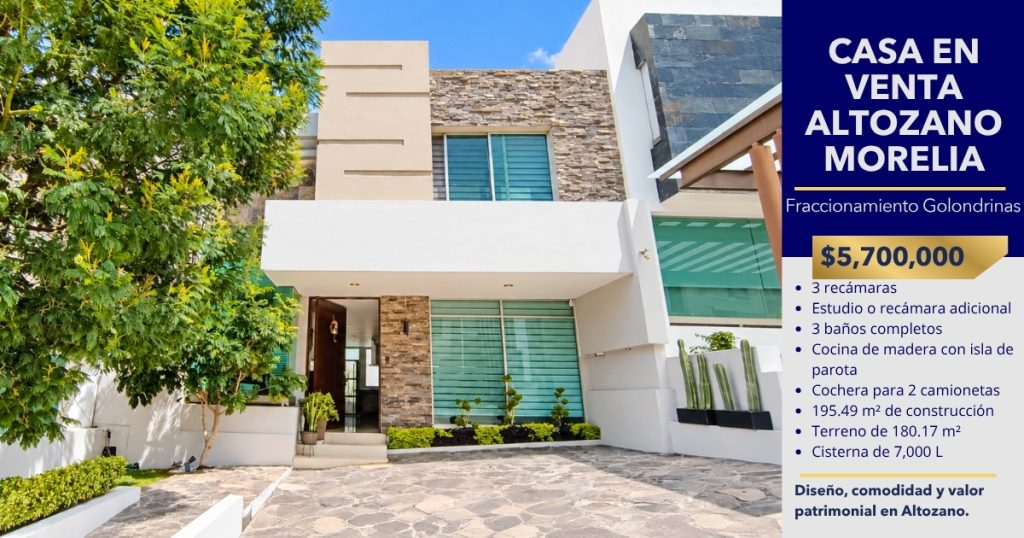 Casa en venta en Altozano Morelia, Fraccionamiento Golondrinas, Bosque Monarca, fachada de residencia contemporánea.