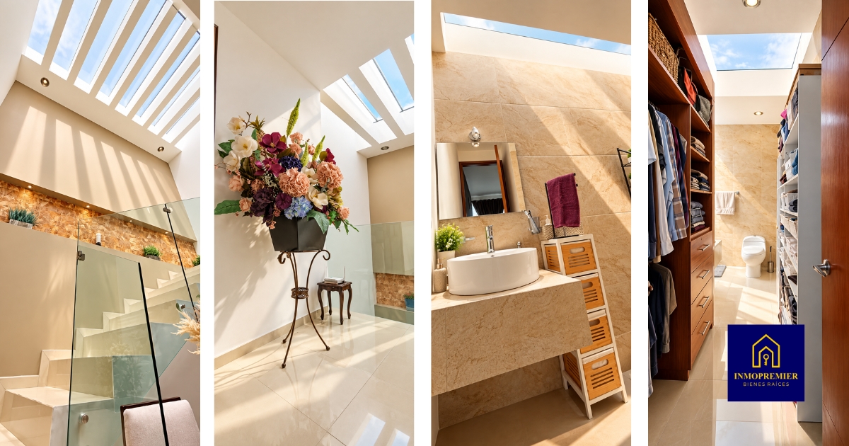 Collage de tragaluces, escaleras, baño y vestidor en casa de Bosque Monarca