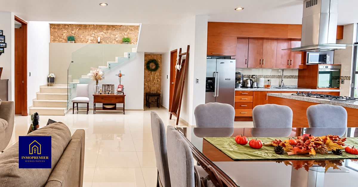 Comedor, cocina de madera y escaleras con barandal de cristal
